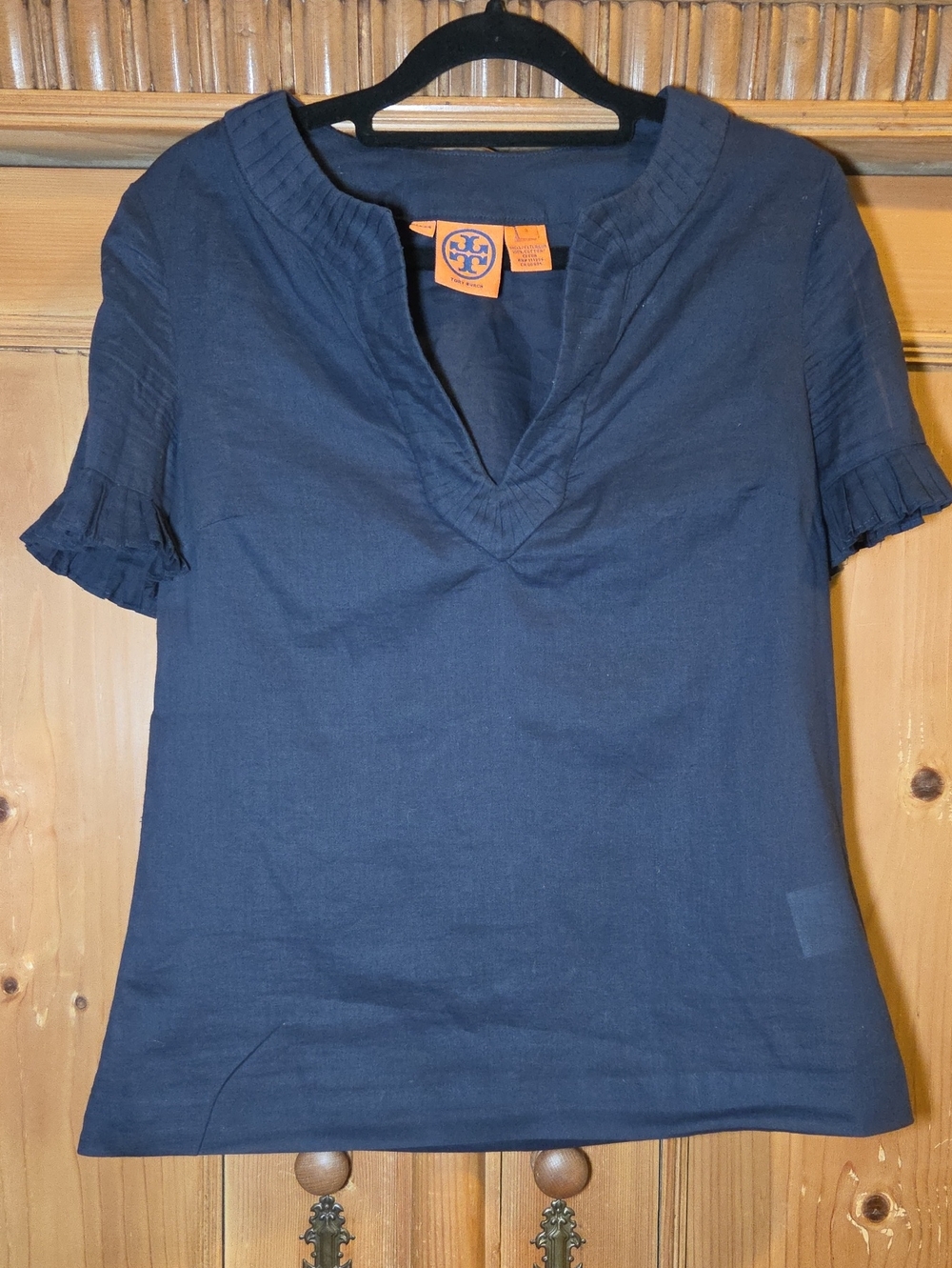 Tory Burch V-Neck Short Sleeve Gauzy Cotton Top with Pleated Trim